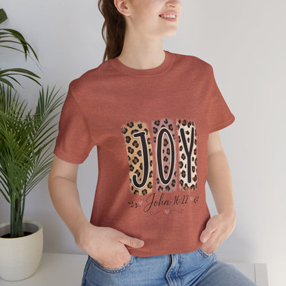 Joy Leopard Christian Tee — "JOY" with John 16:22 Scripture