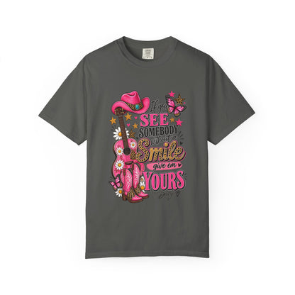Dolly Cowgirl Guitar T‑Shirt — "If I See Somebody Smile You’re Yours" Graphic Tee