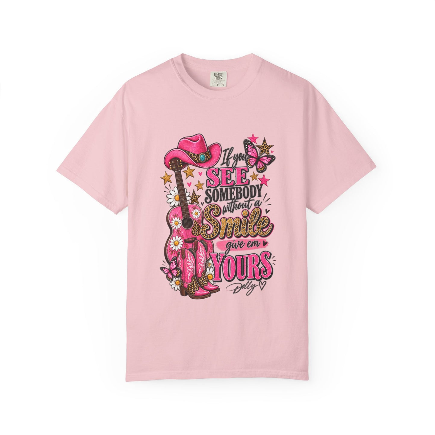 Dolly Cowgirl Guitar T‑Shirt — "If I See Somebody Smile You’re Yours" Graphic Tee