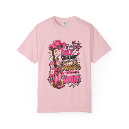 Dolly Cowgirl Guitar T‑Shirt — "If I See Somebody Smile You’re Yours" Graphic Tee