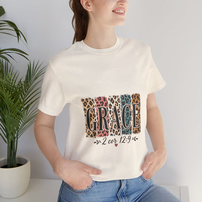 Grace Leopard Print Tee — Christian Scripture 2 Cor 12:9 T-Shirt