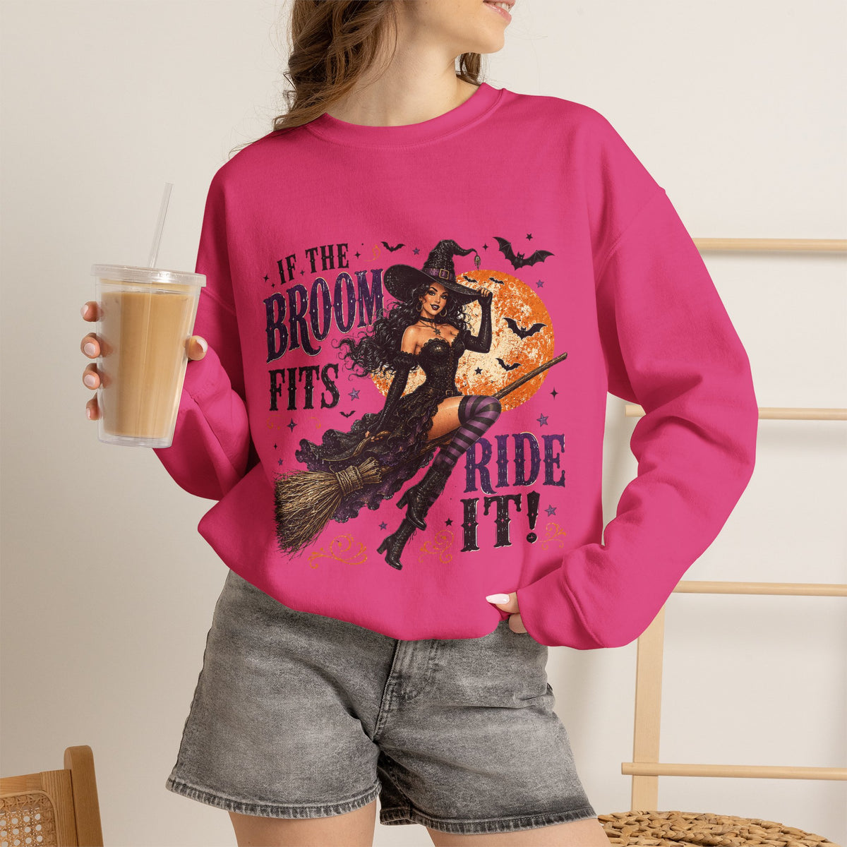 Witchy Halloween Crewneck Sweatshirt — 'If the Broom Fits Ride It' Vintage Pin-Up Design