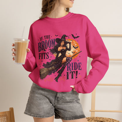 Witchy Halloween Crewneck Sweatshirt — 'If the Broom Fits Ride It' Vintage Pin-Up Design