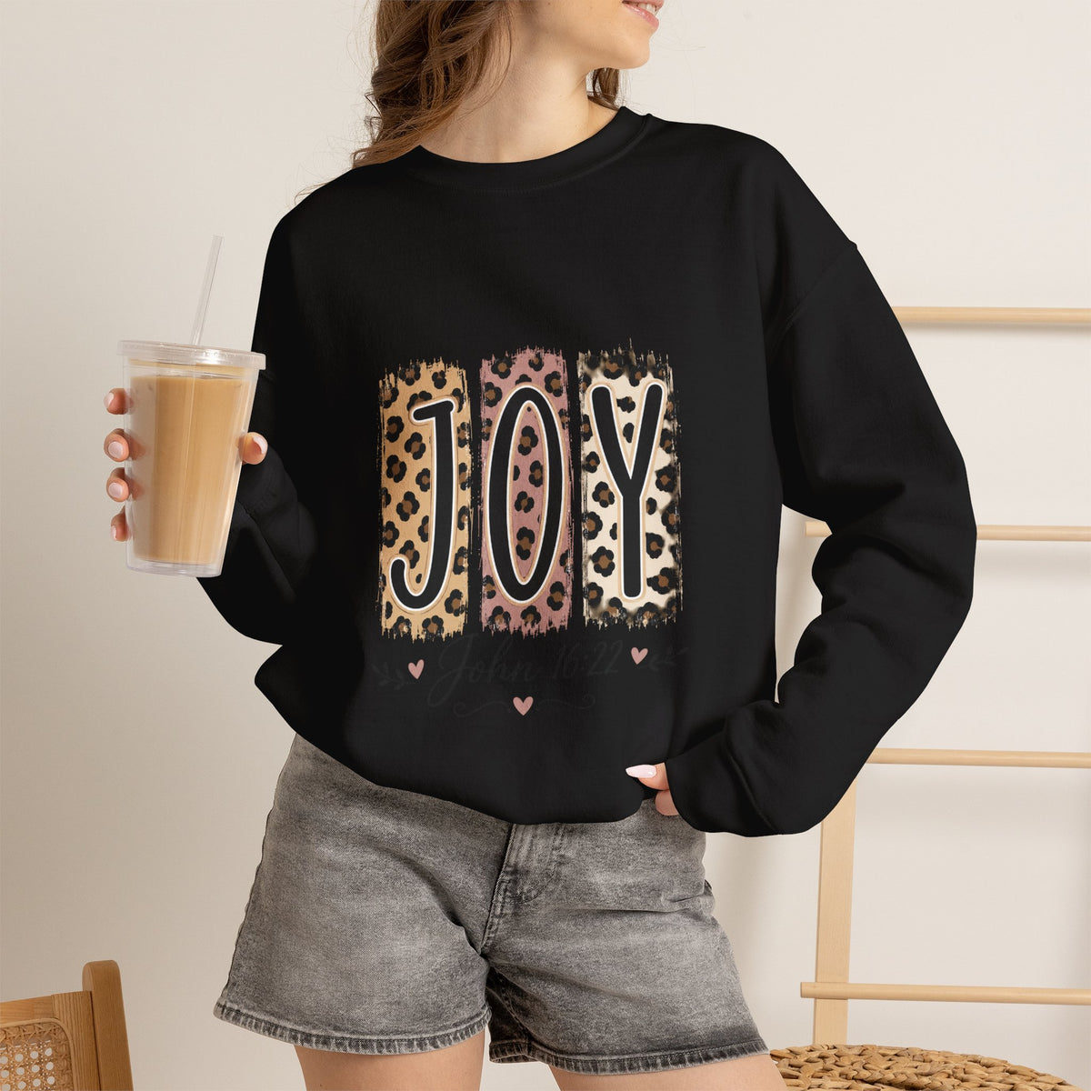 Joy Leopard Print Sweatshirt — John 1:14 Scripture Holiday Crewneck