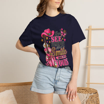 Dolly Cowgirl Guitar T‑Shirt — "If I See Somebody Smile You’re Yours" Graphic Tee