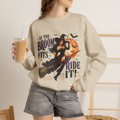 Witch on Broom Halloween Sweatshirt — “If the Broom Fits, Ride It!”