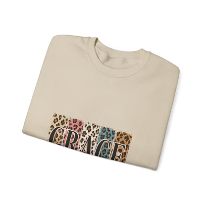 Grace Leopard Block Crewneck Sweatshirt – Inspirational Christian Scripture Design (2 Cor 12:9)