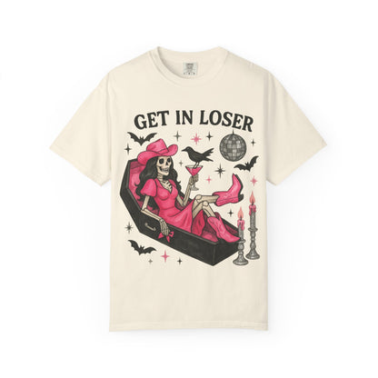 Get In Loser Skeleton Tee — Retro Gothic Witch Coffin Halloween T‑Shirt