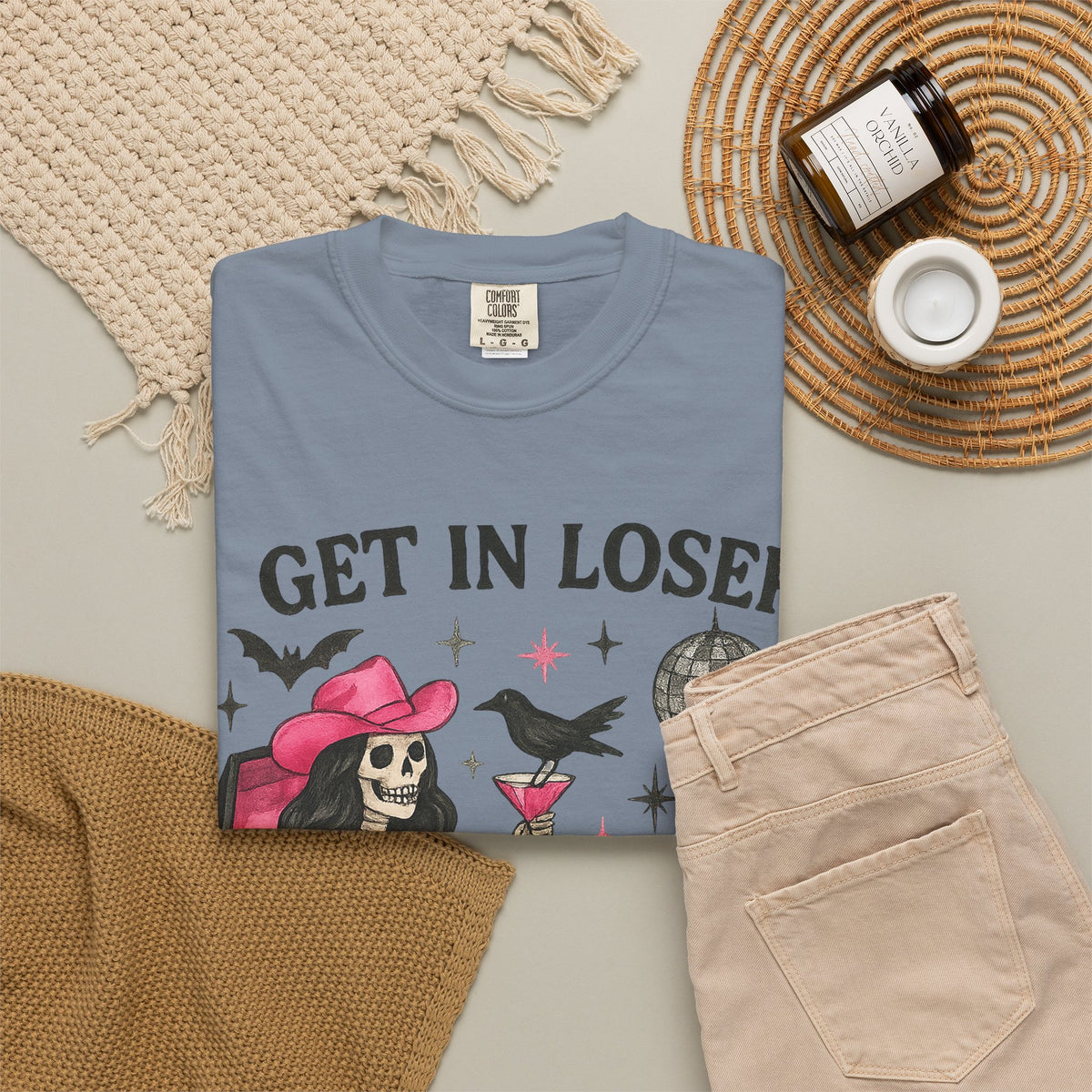 Get In Loser Skeleton Tee — Retro Gothic Witch Coffin Halloween T‑Shirt