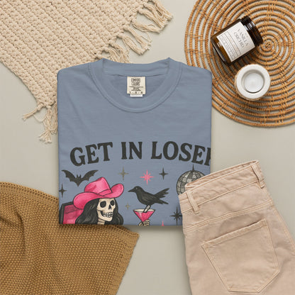 Get In Loser Skeleton Tee — Retro Gothic Witch Coffin Halloween T‑Shirt