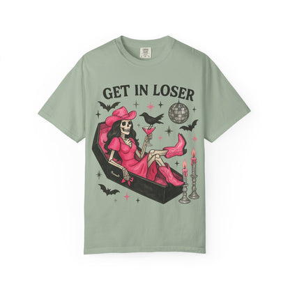 Get In Loser Skeleton Tee — Retro Gothic Witch Coffin Halloween T‑Shirt