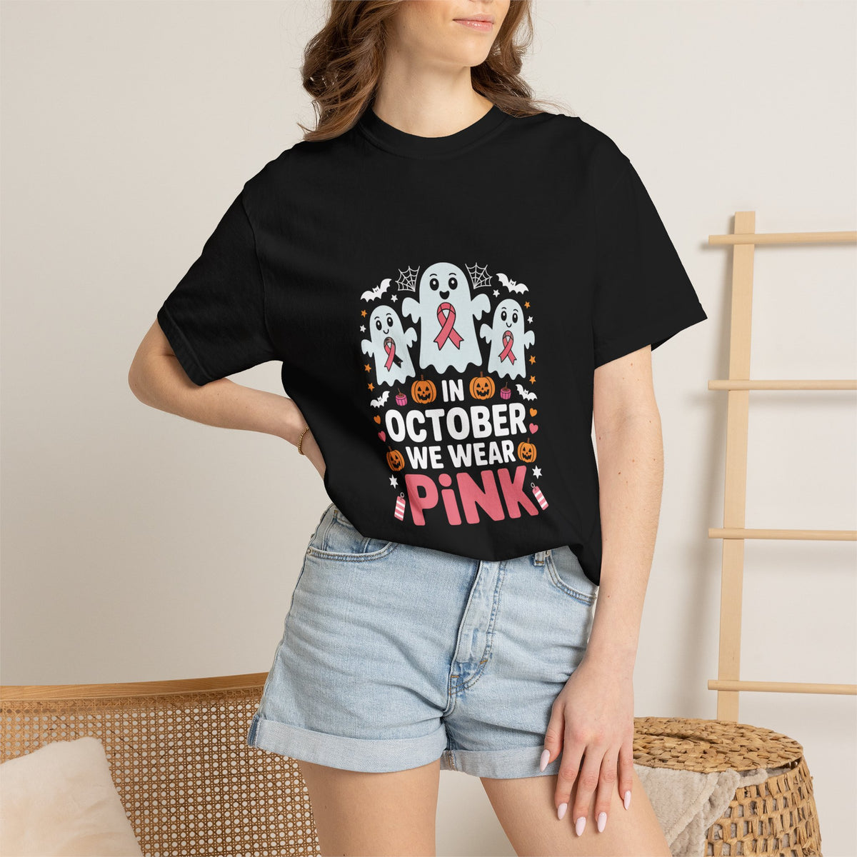 Breast Cancer Halloween Ghost T-Shirt — "In October We Wear Pink"