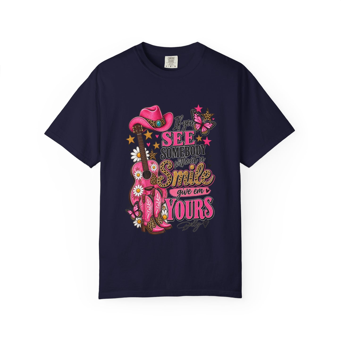 Dolly Cowgirl Guitar T‑Shirt — "If I See Somebody Smile You’re Yours" Graphic Tee