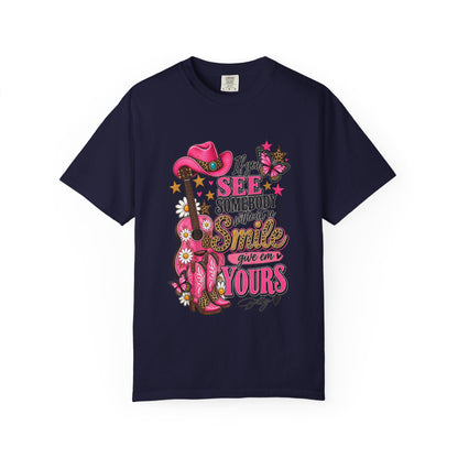 Dolly Cowgirl Guitar T‑Shirt — "If I See Somebody Smile You’re Yours" Graphic Tee