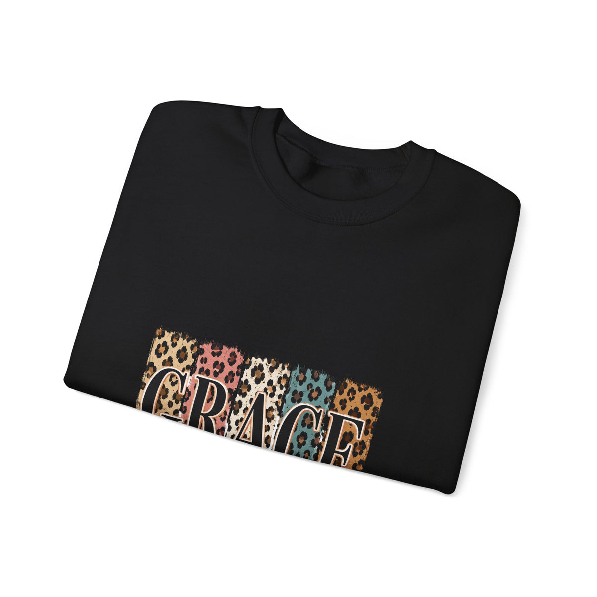 Grace Leopard Block Crewneck Sweatshirt – Inspirational Christian Scripture Design (2 Cor 12:9)