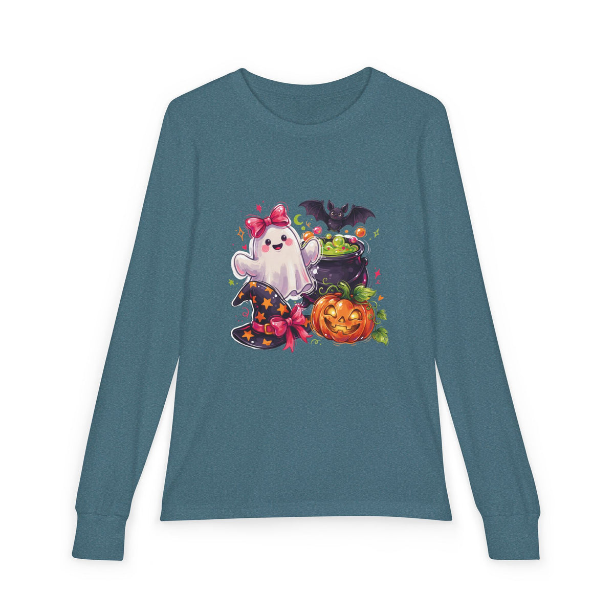 Kids Halloween Long Sleeve Tee — Cute Ghost, Pumpkin & Witch Hat Design