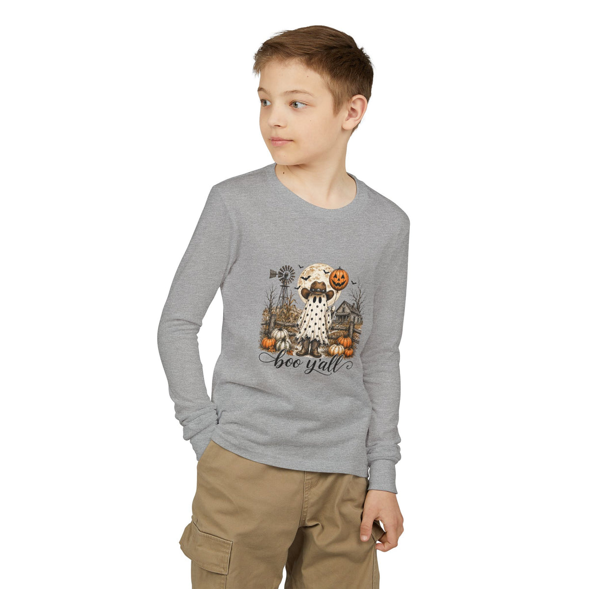 Youth Long Sleeve Tee — Halloween Boo Y'all Ghost Dog Pumpkin Design