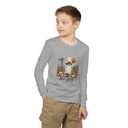 Youth Long Sleeve Tee — Halloween Boo Y'all Ghost Dog Pumpkin Design