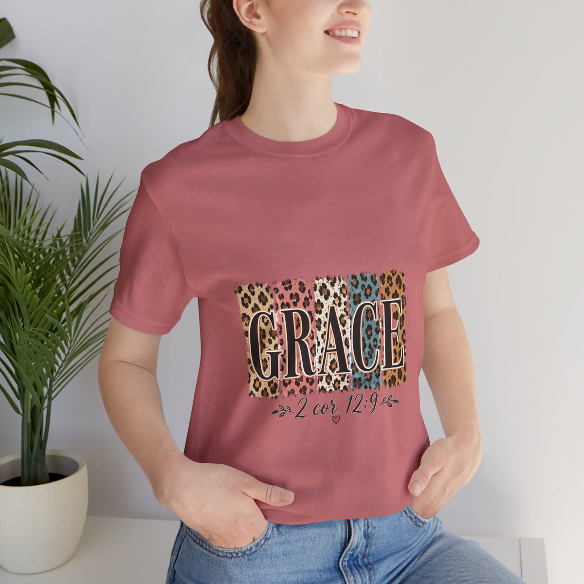 Grace Leopard Print Tee — Christian Scripture 2 Cor 12:9 T-Shirt