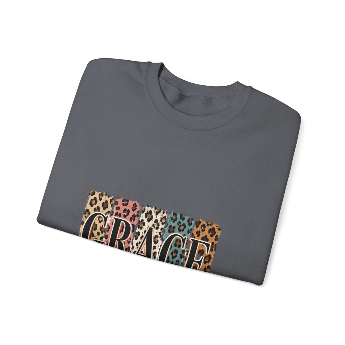 Grace Leopard Block Crewneck Sweatshirt – Inspirational Christian Scripture Design (2 Cor 12:9)