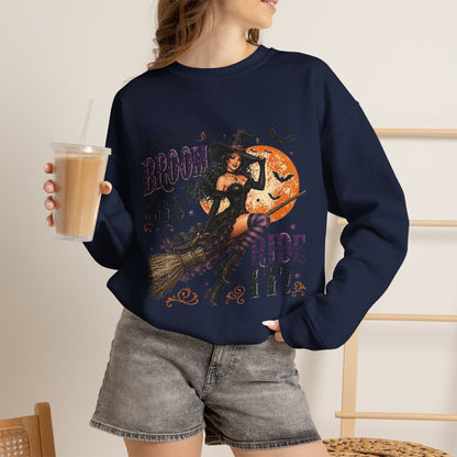 Witch on Broom Halloween Sweatshirt — “If the Broom Fits, Ride It!”