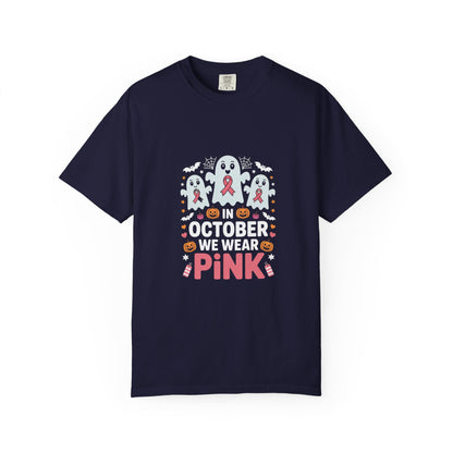 Breast Cancer Halloween Ghost T-Shirt — "In October We Wear Pink"