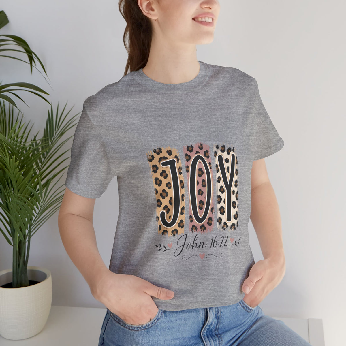 Joy Leopard Christian Tee — "JOY" with John 16:22 Scripture
