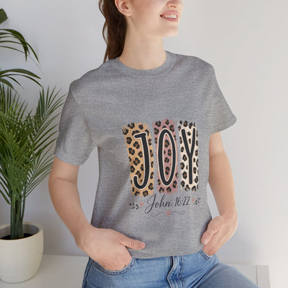 Joy Leopard Christian Tee — "JOY" with John 16:22 Scripture
