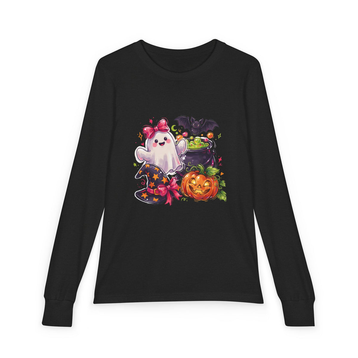 Kids Halloween Long Sleeve Tee — Cute Ghost, Pumpkin & Witch Hat Design