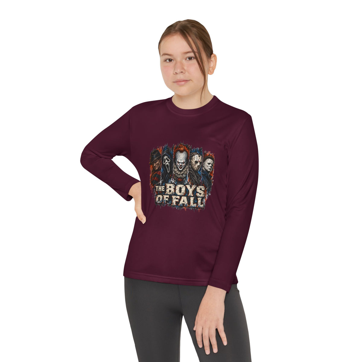 Youth Long Sleeve Tee — "The Boys of Fall" Horror Mask Graphic