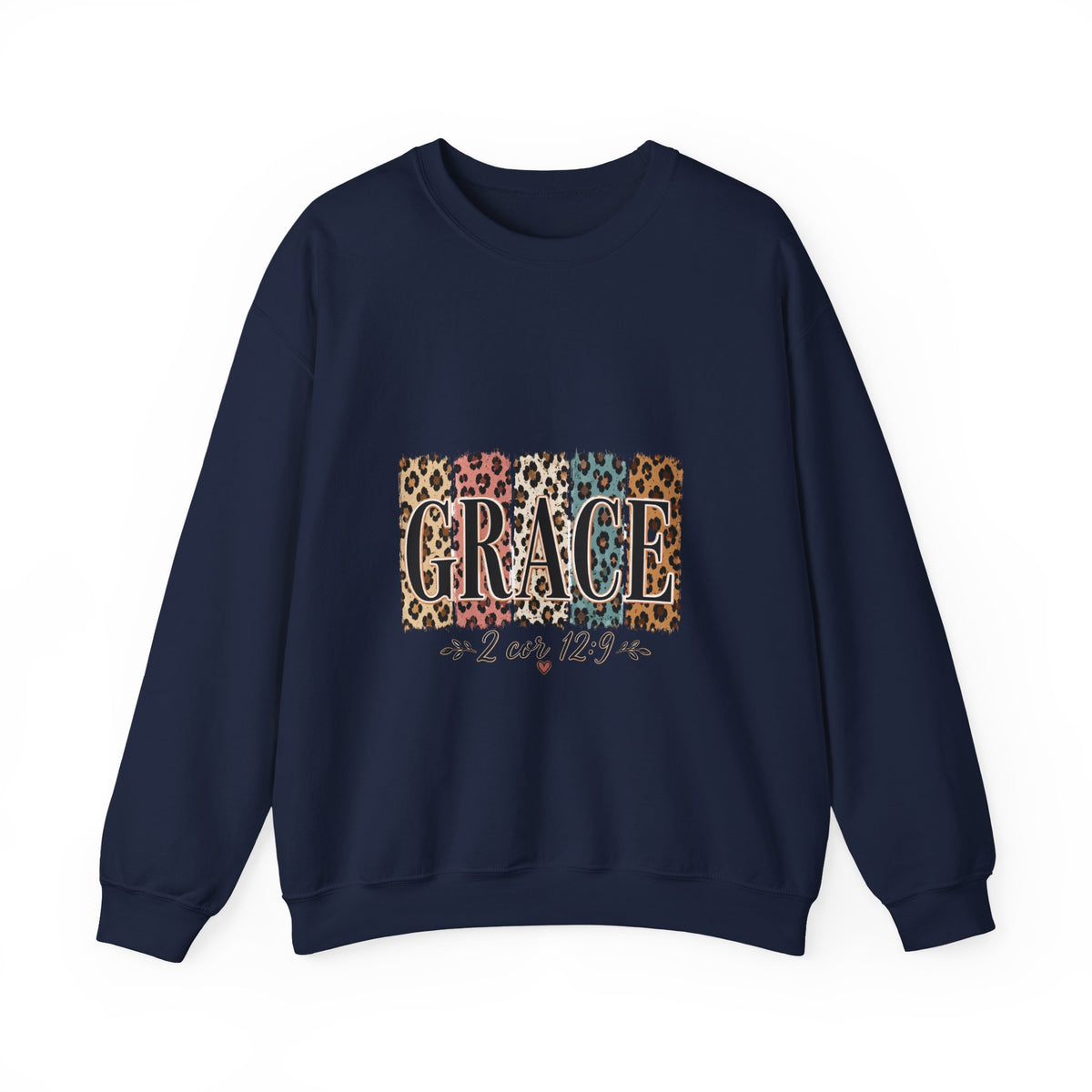 Grace Leopard Block Crewneck Sweatshirt – Inspirational Christian Scripture Design (2 Cor 12:9)