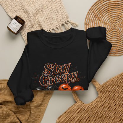 Stay Creepy Sweatshirt — Halloween Heart & Bats Cozy Crewneck