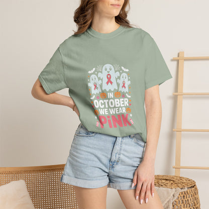 Breast Cancer Halloween Ghost T-Shirt — "In October We Wear Pink"