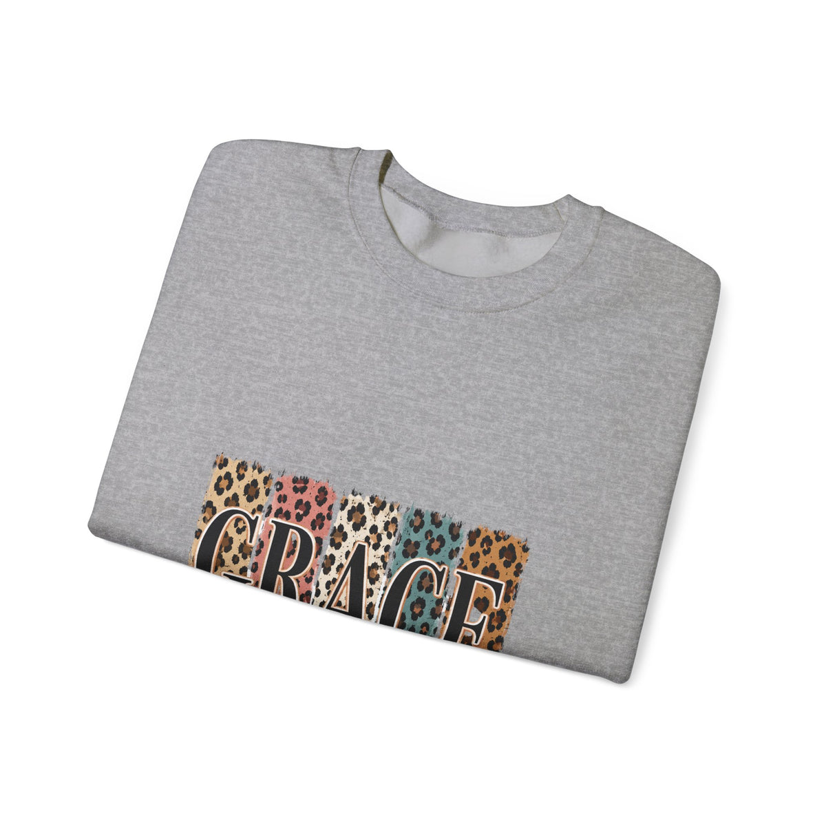Grace Leopard Block Crewneck Sweatshirt – Inspirational Christian Scripture Design (2 Cor 12:9)