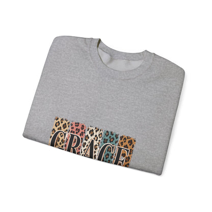 Grace Leopard Block Crewneck Sweatshirt – Inspirational Christian Scripture Design (2 Cor 12:9)