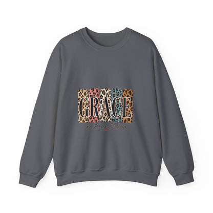 Grace Leopard Block Crewneck Sweatshirt – Inspirational Christian Scripture Design (2 Cor 12:9)