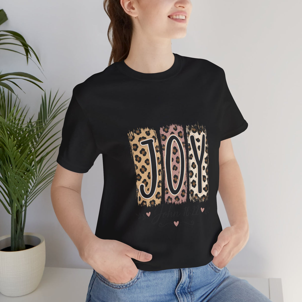 Joy Leopard Christian Tee — "JOY" with John 16:22 Scripture