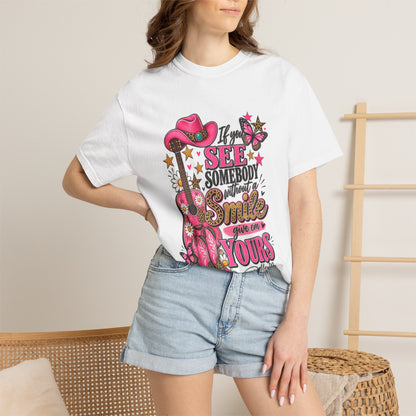 Dolly Cowgirl Guitar T‑Shirt — "If I See Somebody Smile You’re Yours" Graphic Tee