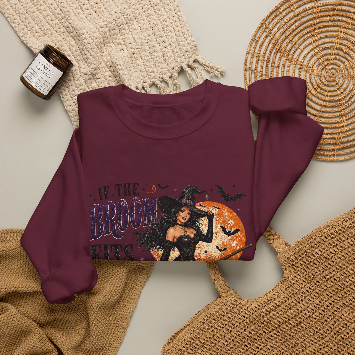 Witchy Halloween Crewneck Sweatshirt — 'If the Broom Fits Ride It' Vintage Pin-Up Design