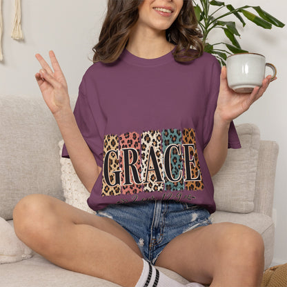 Grace Leopard Block T-Shirt — 2 Cor. 12:9 Christian Graphic Tee
