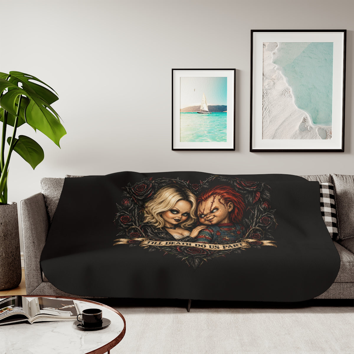 Sherpa Blanket - 'Till Death Do Us Part' Gothic Couple Rose Design, Cozy Throw for Couples & Horror Fans