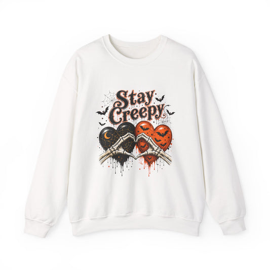 Stay Creepy Sweatshirt — Halloween Heart & Bats Cozy Crewneck