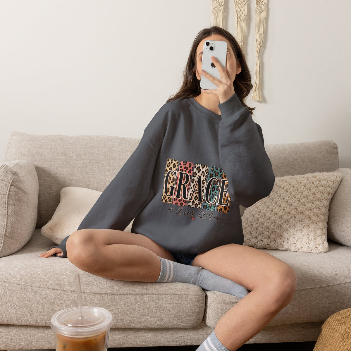 Grace Leopard Block Crewneck Sweatshirt – Inspirational Christian Scripture Design (2 Cor 12:9)