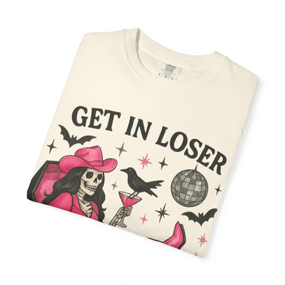 Get In Loser Skeleton Tee — Retro Gothic Witch Coffin Halloween T‑Shirt