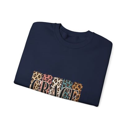 Grace Leopard Block Crewneck Sweatshirt – Inspirational Christian Scripture Design (2 Cor 12:9)