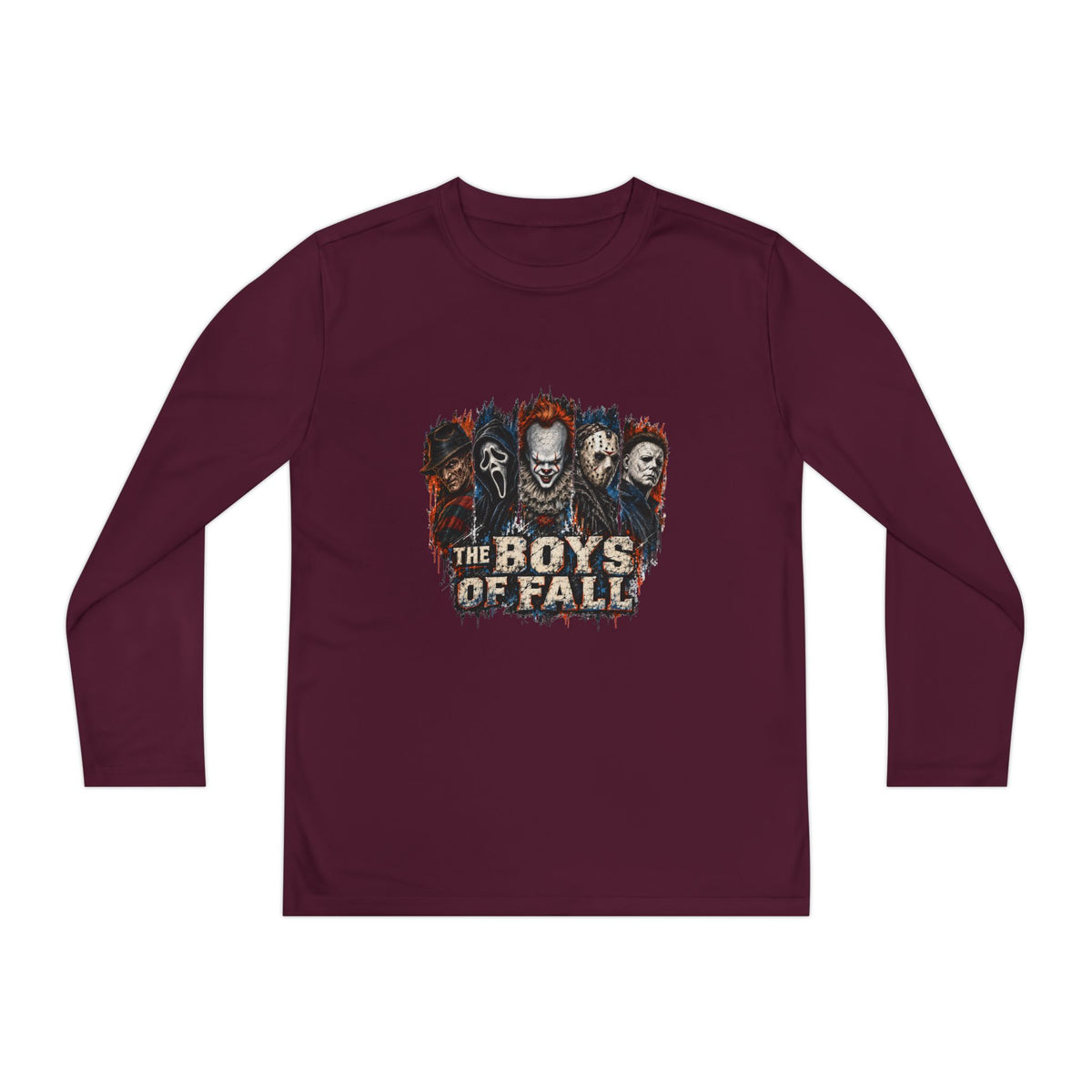 Youth Long Sleeve Tee — "The Boys of Fall" Horror Mask Graphic