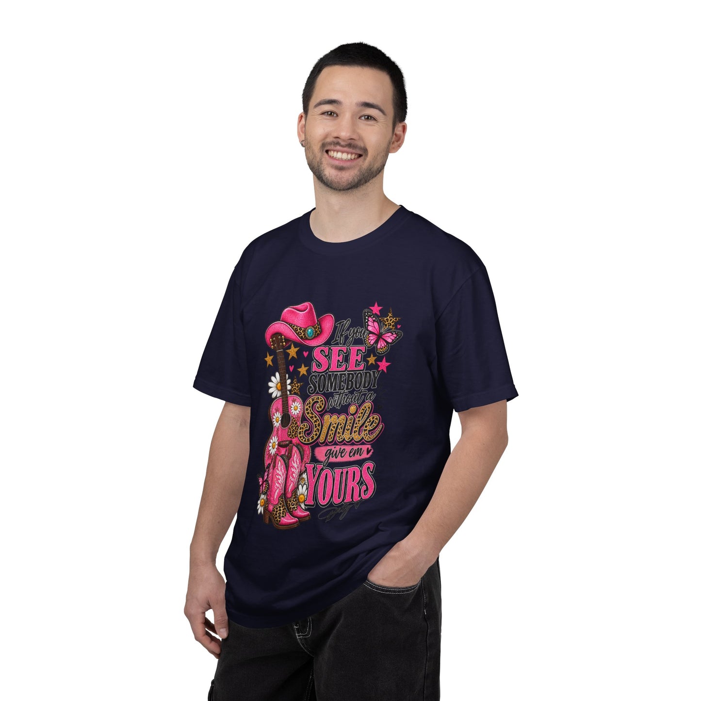 Dolly Cowgirl Guitar T‑Shirt — "If I See Somebody Smile You’re Yours" Graphic Tee