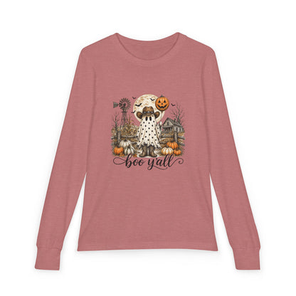 Youth Long Sleeve Tee — Halloween Boo Y'all Ghost Dog Pumpkin Design