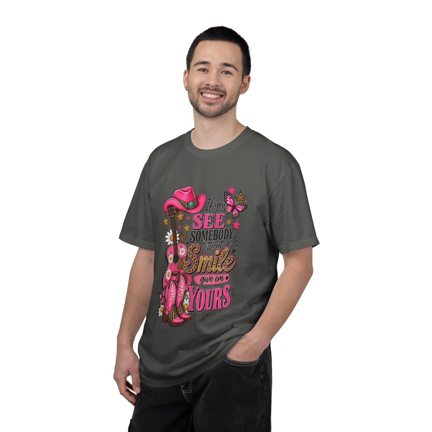 Dolly Cowgirl Guitar T‑Shirt — "If I See Somebody Smile You’re Yours" Graphic Tee