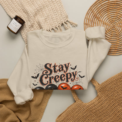 Stay Creepy Sweatshirt — Halloween Heart & Bats Cozy Crewneck